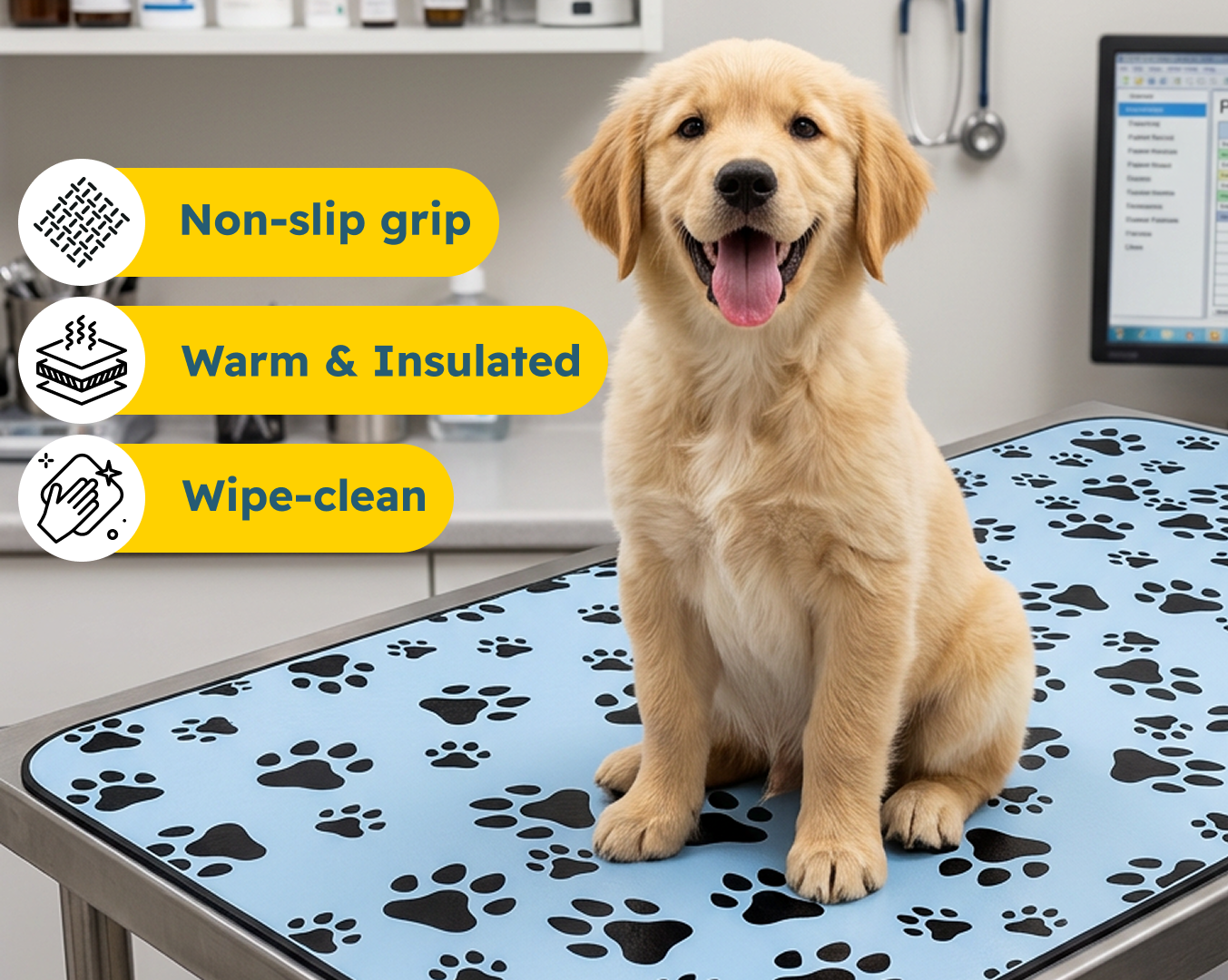 NoFear slip-free pet mat with puppy on exam table