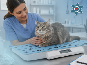 Cat Scale Mat helping a cat stay calm during a veterinary weight check