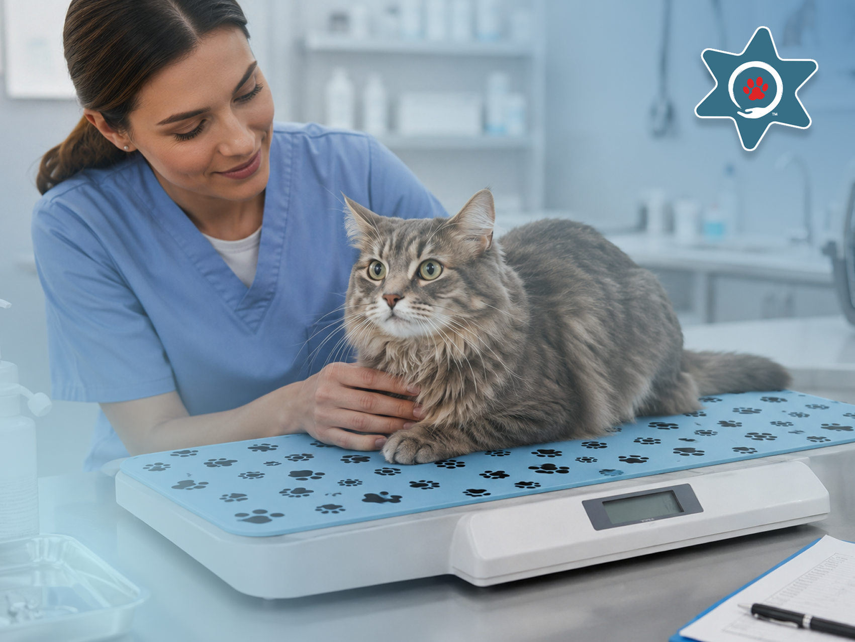 Cat Scale Mat helping a cat stay calm during a veterinary weight check